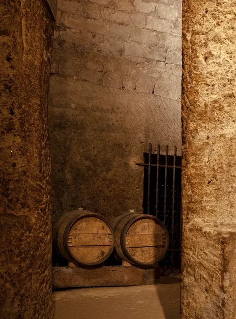 Barriques de chêne alignées dans un chai de vieillissement